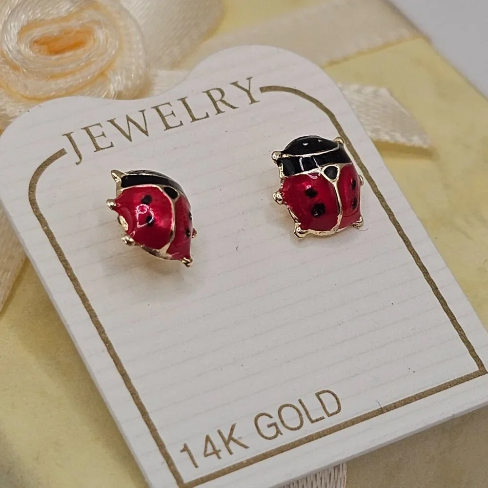 14KT Gold Ladybug Enamel Stud Screw Back Earrings 8mm